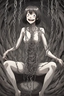 Anime girl with chain body holding long chains, fullbody, smiling meanwhile many worms streaming from his mouth, face distorted with pain, screaming, siting pose, fullbody, Junji Ito style,the perspective looking up from the bottom of an empty well.