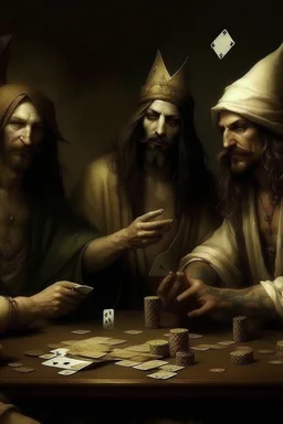 Jesus and some pirates friends smoking and playing cards, davinci. Surreal. The faces are in agony.