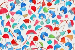 giftwrap pattern with watercolor of umbrellas, children's book illustration, white parchment paper, wrapping paper, white linen, in the style of e. h. shepard