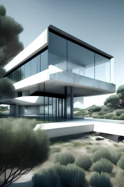 Maison blanche design contemporain avec verre et béton. Paysage avec mer, pins, oliviers. Lumière du jour naturelle