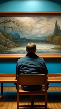 a rear view of a handicapped man sitting on a bench facing a a surrealism picture on the wall , show from the back
