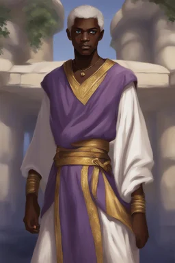 sixteen-year-old boy, dark-skinned, white-haired, and blue-eyed, dressed in a purple and gold tunic