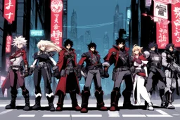 [wii No More Heroes style] a group of mystic adventurer in the street of a cryptic version of mega city one