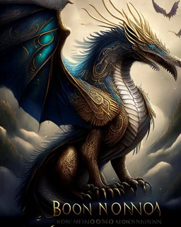 A regal dragon with text Story Of Borneo Land, shimmering scales and immense, powerful wings that can manipulate the elements and control the weather.