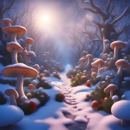 winter in the luminary gardens, dmt realm, snow, lsd, mushrooms, fruit trees