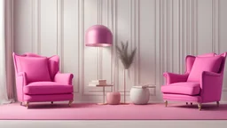 Viva magenta wall background mockup with two armchair furniture and decor accessories.3d rendering