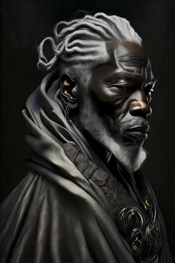 a photo of an African man with ethnic jewelry, grey hair and grey flowing robe, in style of Annie Leibovitz, contemporary portrait of a mature yet beautiful and modernist man, black and grey, detailed masculine face, swirling fluid smokey enigma, award-winning artwork