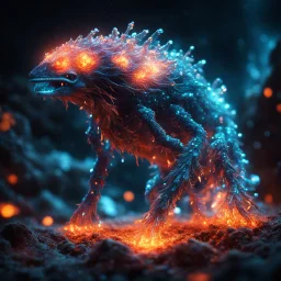 bioluminescent creature, covered with glowing crystals, fire particles in air, bright colors, glowing sparkle particles, dark tone, sharp focus, high contrast, 8k, incredible depth, depth of field, dramatic lighting, beautifully intricate details, clean environment, epic dynamic scene, photorealistic cgi