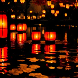 chinese lanterns on a lake, amber colours, night time, photo quality