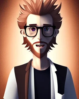 a tall guy who is skinny and scrawny with blond hair and blond beard. his hair is to the left side and he wears glasses. he is wearing a white t-shirt, black jeans and has straight teeth and brown shoes. tim burton style