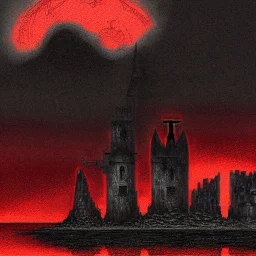 dnd, fantasy, black castle, black sand, illustration, demonic, brutalist, blood-red sky