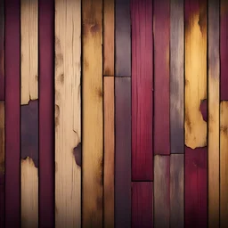 Hyper Realistic maroon & golden grungy multicolored broken wooden planks with rustic texture & vignette effect