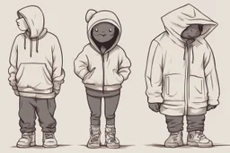 6 simple shaped hand drawn cartoon characters that are cute dark and have hoodies