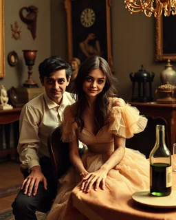 Persons flash photo, 1980 horror movieshot, sitting on a chair, table, bottle, eaging, dine, odd objects in background, persone con sorriso falso e occhi grandi, tenebroso, macabro, interno museo, fiotti di liquido nero che zampillano, hypermaximalist, Hieronymus Bosch style, strangeness, sundial light, intricate, albero, hypnotic, very accentuated details of the dress and skin, eerily mysterious, artistic photo, shot on Hasselblad, sadness, follia