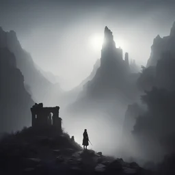 странник,руины,горы,туман,яркий свет