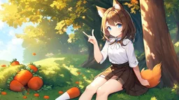 1girl, sitting, animal ear, tree, carrot on hand , brown bunny ears, brown bunny tail, short blue skirt, long brown hair, white shirt, blu eyes