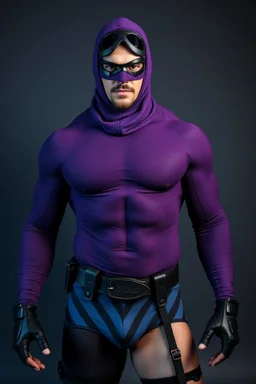 No cosplay, No cowls, exposed forehead, an extremely muscular, athletic man with a goatee, wearing a skintight, formfitting long-sleeved, textured matte purple jean suit, a skintight, formfitting textured matte purple rubber cowl with widows oeak that fits snuggly and leaves his whole face exposed, black and blue diagonally striped brief trunks that are worn on the outside of the bodysuit, a thin black leather eye disguise, black wrist gauntlets, a double holstered pistol belt with leg straps