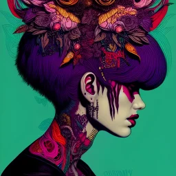 beautiful punk girl, hyper detailed, hyperdetailed, intricately detailed, illustration by <kilian eng>, purple tones, darkred tones,