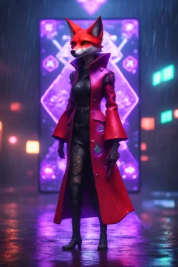 Volumetric fog smack fox elf lights,paradise sacred geometry framed playing card, black, red, spore and purple neon cyber punk dancer priestess teurgist in soaked rain coat shadows boss card in the style of escher and fallout 4 ,,bokeh like f/0.8, tilt-shift lens 8k, high detail, smooth render, down-light, unreal engine