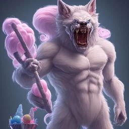 Muscular cotton candy werewolf made of candies and lollipops, sharp teeth, monstrous face, staring at you, drool dripping from its mouth