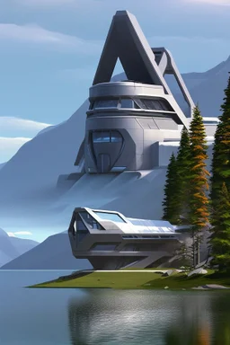 futurist building on a lake shore with trees and rocks