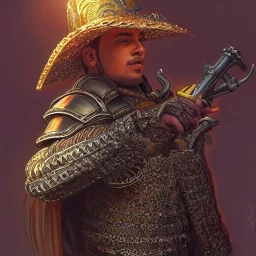 portrait,"Insanely detailed photograph of an armored mariachi warrior", intricate chainmail charo,colorful Sombrero,elegant cape, highly detailed D20, digital painting, artstation, concept art, smooth, sharp focus, illustration, art by artgerm and greg rutkowski and alphonse mucha, 8 k