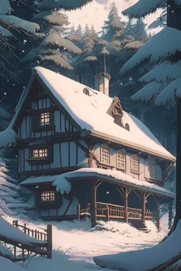 studio ghibli, a house, snow, woods,
