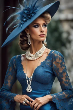 full body beautiful girl, elegant blue lace clothes of the 80s, luxury style, small elegant hat with feather, hair of the 80s, pearl necklace, earrings masterful, beautiful face