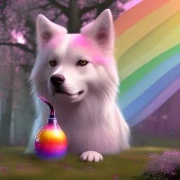 dog, with rainbow pink horn, nail polish, in house, with trees, detailed, RTX, fantasy, 8K