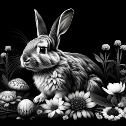 a beautiful rabbit between clear seeds and big flowers black background .black and white colors. for coloring . with grayscale