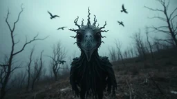 close in center weird crepy bird creature and and far away on sky different small dark crepy birds surreal thriller vibe trees in alternative surreal barren, dry, gloomy world, nightmare in abyss, deep vortex, black, gray, purple, brown, silver, dark red colors, surreal, weird dark fantasy, deep dark colors, sharp lines, crepy stunning, high detalied, weird, fog, shadows, realistic, surreal, highly detailed, melancholic thriller mood