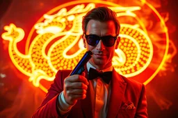 bob saget with smg as james bond the spysex dragon coin multi color neon sign on fire, ultimate psychedelic beauty, wide angle