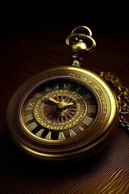 Generate a high-resolution image of a vintage pocket watch with intricate gold detailing, placed on a rich mahogany background."