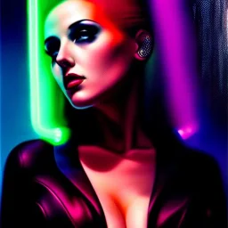 portrait oil on canvas, beautiful punk busty female Cyborg, looking to viewer, sad green eyes, post-apocalyptic in a cyberpunk city,minimal skintight suit, blade runner, comic book cover, mystical colors, neon, insanely detailed,realistic,intrincate detail, 16k resolution, masterpiece, Adam hughes