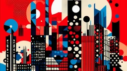 An abstract and geometric illustration by Malevich and Kuniyoshi of a digital city with an anarchist red and back flag.