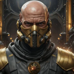 star wars bald male corellian pilot wearing pearlescent black and gunmetal grey First Order special forces heavy assault stealth commando armor and helmet with gold trim inside the jedi temple, hyperdetailed, dynamic lighting, hyperdetailed background, 8k resolution, volumetric lighting, light skin, fully symmetric details