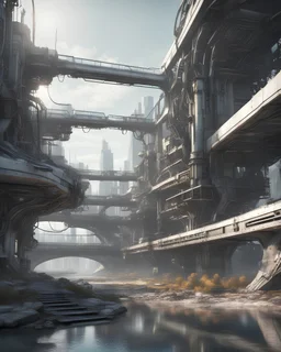 Futuristic building connected with bridge made with engine parts and wires dysoptia cyberage HAWKEN postapocalyptic dysoptia scene photorealistic uhd 8k VRAY highly detailed HDR