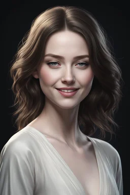 (young woman pale skin)), dark background, mid shot, full body, happy expression, looking down, ultra realistic, highres, superb, 8k wallpaper, extremely detailed, intricate, limited palette,