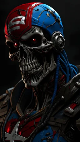 zombie captain america, rotten flesh, rotten teeth, bloody, red eyes , logo in tie ,walking dead, gothic style, apocalyptic, by Bernie Wrightson, perfect composition, beautiful detailed intricate insanely detailed octane render trending on artstation, 8 k artistic photography, photorealistic concept art, soft natural volumetric cinematic perfect light, chiaroscuro, award - winning photograph, masterpiece, oil on canvas, raphael, caravaggio, greg rutkowski, beeple, beksinski, giger