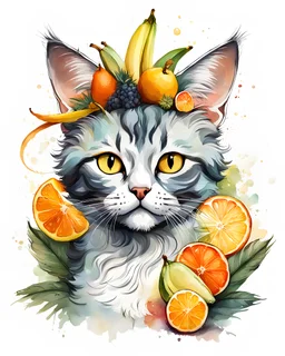 create an ethereal, illustration of a divine cartoon cat with soft facial features and a seductive look on a plain white background surrounding cat, in the style of Ralph Steadman, with a headpiece of tropical fruits, bananas, pineapples, citrus, cream, orange,painted in a faded colors,