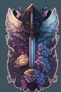 In the foreground, a sword. In the background, beautiful flowers, two big evil wings. In a dark fantasy style with gothic ornaments. make it for a sticker.