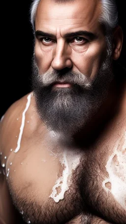 portrait photography of a burly italian man 58 years old into a bath full of milk, unshaved, manly chest, muscular beefy, angry eyes, top view, photorealism, 35mm lens