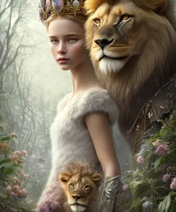 Young beautiful girl wearing floral crown with a stunning lion on nature forest path, Chronicles of Narnia, 8k resolution, high-quality, fine-detail, iridescent, intricate, digital art, detailed matte, volumetric lighting, beautiful, illustration, 3D octane render, brian froud, howard lyon, selina french, anna dittmann, annie stokes, lisa parker, greg rutowski,