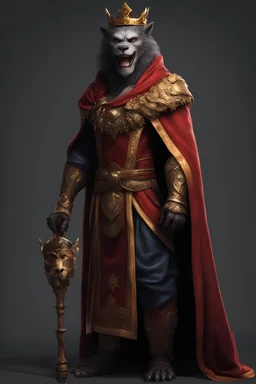 semi-werewolf, semi-human, character, king, man, dark colors, mace in hand, 40 years old, clerc, realistic, luxury, wealth, clothing, full body, front view, beauty,