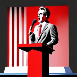 vector illustration man with a 50 centimeter long nose speaking at a lectern with microphone, (((black background))), white, black and red colors