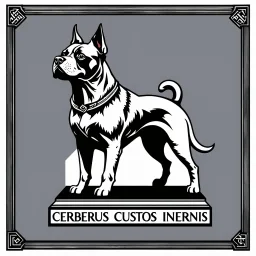 perro cerbero estilizado antiguo con un marco elegante con runas y el nombre "cerberus custos infernis" en la base, todo en escala de grises, nada de color,