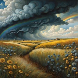 A collaboration between Salvador Dali, Vincent Van Gogh, and Jean Baptiste Monge. Swirling rainbow storm clouds over a vast field of long grass and plentiful flowers swaying in the winds. Modifiers: highly detailed elegant extremely detailed fantasy intricate high detail fantastic view close up ultra detailed