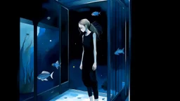 Full body Illustration of a woman, young, 18 years old, beautiful, wearing a black jumpsuit, sneaking into a giant aquarium, dark blue water, watercolors, gloomy and depressing ambient, artwork by tom björklund