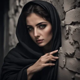 Hyper Realistic Young-Beautiful-Pashto-Woman-With-Beautiful-Eyes in black shawl peeking-half-faced with beautiful hands-&-nails behind a cracked-wall at night with dramatic & cinematic ambiance