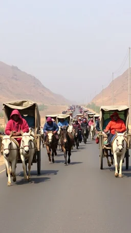 ‏قافله من المهاجرين في الطريق مع عرباتهم وحميرهم